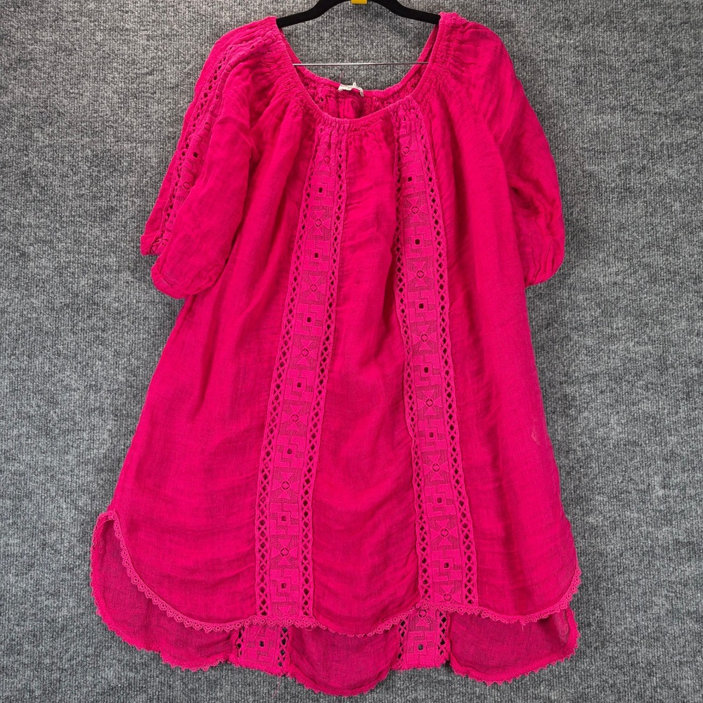 Puro Lino Dress Crochet Lace Trim OS Magenta Pink Women